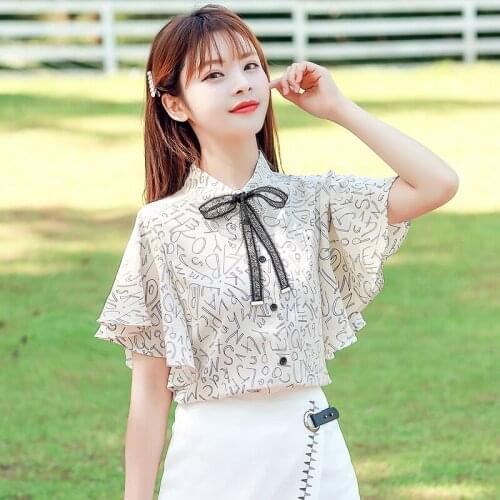 Summer 2021 Letter Bow Flying Sleeve Casual Shirts Chiffon Ruffles Fashion Women Blouse And Tops Print 2xl Womans Clothes