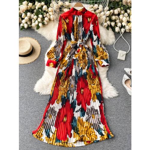 2021 Autumn New Dress Temperament Turtleneck Waist Slim Long Sleeves Lace Up Wild Floral Maxi Vestidos Female UK016