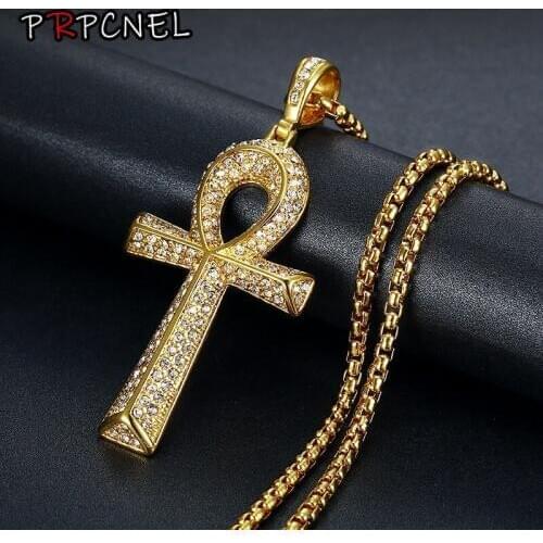 Gold silver color Micro Cubic Zirconia Anka Egyptian T Shaped Cross Pendant Fashion Iced Out Bling Key Of Life Necklace Jewelry
