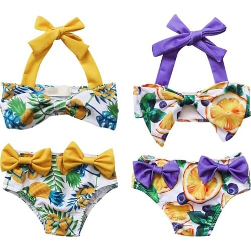 2021 Summer 2 Pcs Baby Swimsuits Bathing Suits Sexy Pineapple Print Tie Up Halter Bikini Top Swimming Bottoms with Bowknot