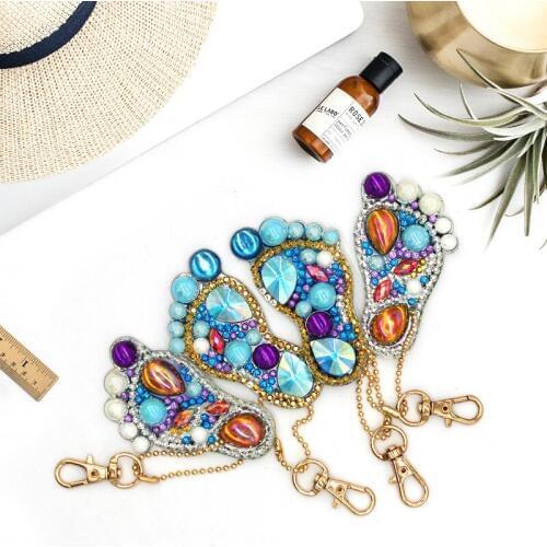 4pcs DIY Cute Foot Keychain Special Shaped Full Drill Diamond Painting Key Chain with Key Ring Jewelry Gifts for Girl Bags