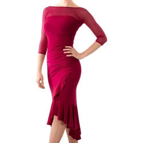 Black Pool Gauze Seven Part Sleeve Catch Wrinkled Waist Irregular Skirt Pendulum Ballroom Dancing Practice Dress W18007