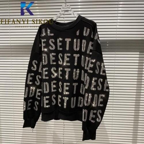 Black O-Neck Sweatshirt Women Letter Beading Fashion Hoodies Long Sleeve Pullover Female Autumn Winter Loose Sweatshirts Tops