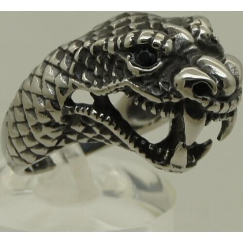 Black cz stone eye sharp teeth snake/python 316L stainless steel ring