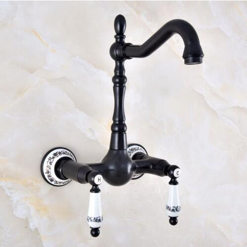 Black Oil Rubbed Bronze Bathroom Kitchen Sink Faucet Mixer Tap Swivel Spout Wall Mounted Two Handles mnf862