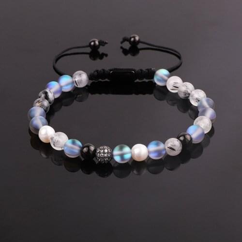 JARAVVI New Design Natural Stone AB Flash Color Glass Moonstone Pearl Beads Macrame Bracelet Women