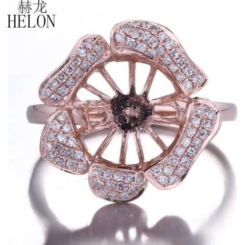 HELON Solid 10K Rose Gold Natural Diamonds Wedding Anniversary Fine Jewelry Semi Mount Ring Setting Fit 9.5-11.2mm Round Pearl