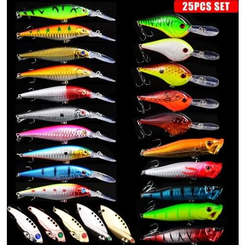 25pcs Mixed Fishing Lure Bait Set Wobbler Crankbaits Swimbait Topwater Popper VIB Spiners metal bait for Fishing Tackle
