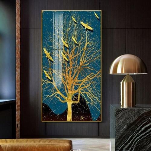 Nordic Abstract Gold Leaf Tree Deer Canvas Painting Poster and Wall Art Picture Printing Living Room Bedroom Home Decoration