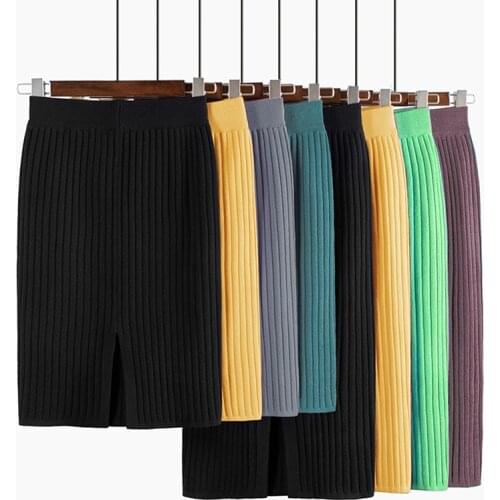 New Pencil Women Skirts Autumn Winter All-match Knitted Skirts Mid-Calf & Knee-Length Office Skirt Warm Knitted Black Skirts