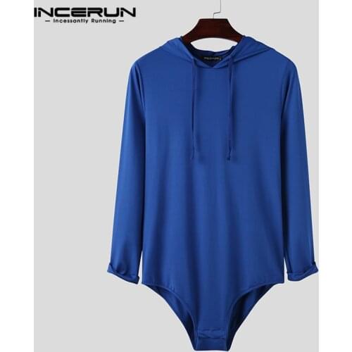 INCERUN Leisure Hooded Solid Color T Shirts Men Long Sleeve Bodysuit Sexy Rompers Tee Tops 2021 Fashion Comfortable T-shirts 5XL