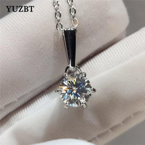 YUZBT 18K White Gold Plated 1 ct 6.5mm Round Excellent Cut Gemstone Chain Diamond Test Past D Color Moissanite Pendant Necklace