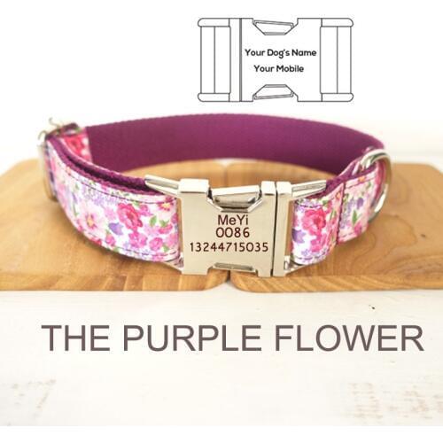 Personalized Laser Engraved Metal Buckle Dog Collar 3 cotton flower styles to choose