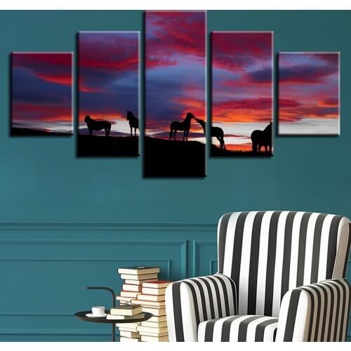 Wild Horses and Prairie Sunset Modern Canvas HD Prints Posters Home Decor Wall Art Pictures 5 Pieces Art Paintings No Frame