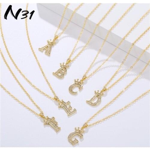 26 Letters A-Z Crown Luxury Pendant Necklace Gold-Plated Stainless Steel Zircon Jewelry Name Capital Letters Accessories Unisex