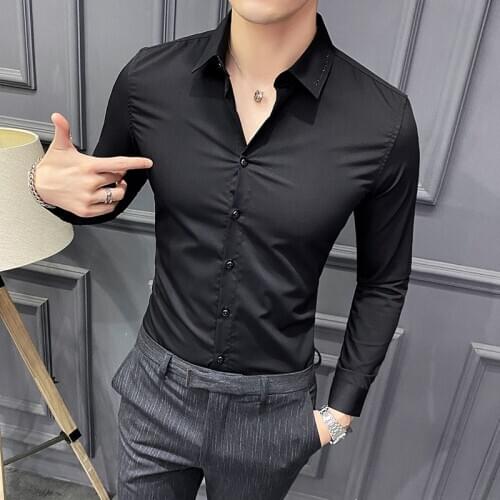 British Style 2021 Spring New Long Sleeve Embroidery Shirts for Men Clothing Simple Slim Fit Business Casual Blouse Homme 4XL-S