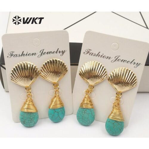 WT-E509 WKT Natural green water drop shape gem-stone earrings with gold small and cute scallop copper wire loop ladies earrings