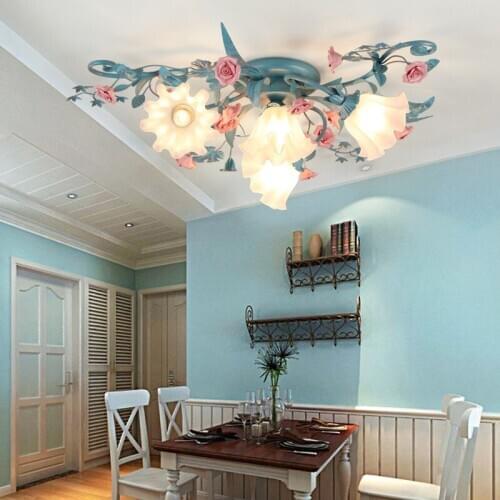 Modern iron art ceiling lamp Nordic ins bedroom led lamp living room ceiling light restaurant princess room warm flower lamps