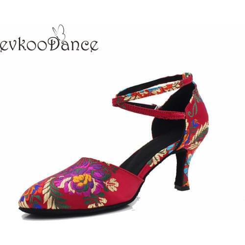 Evkoodance Women Shoes flower ballroom latin dance shoes heel height 7cm zapatos de baile Professional Evkoo-626