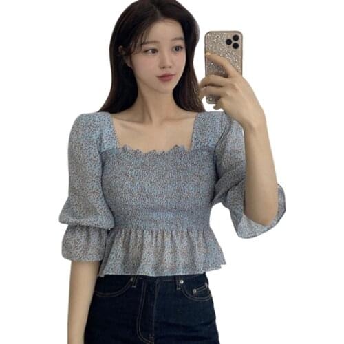 Vintage Floral Puff Long Sleeve Wrap Blouses Women Elegant Top Blouse Sexy Backless Chic Female Blouses Shirts