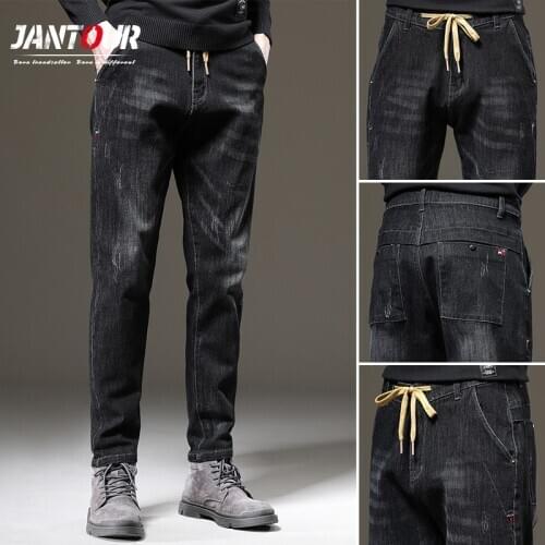 Jantour Vintage Jeans 2020 Men Jeans Fashion Scratched Straight Pants Men Winter Thicken Pantalones Hombre Long Pants Size 38