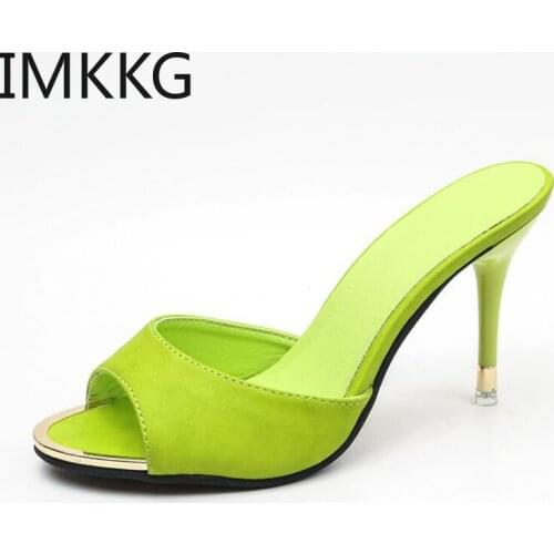 Women High Heels Slippers Sandals 2021 Summer Sexy Fashion Thin Heel Shoes Black Green Women Party Wedding Comfortable Slides