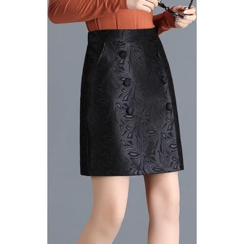 Spring Fall Office Lady Woman Clothes , High Waisted Double Breasted Black Dobby floral Skirt , Slim 4xl Above Knee Skirts