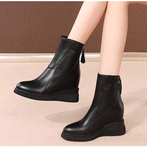 SKLFGXZY New winter Japan South Korea Genuine leather ankle Women boots 8cm wedges Fashion boots black Women shoes Size 34-39