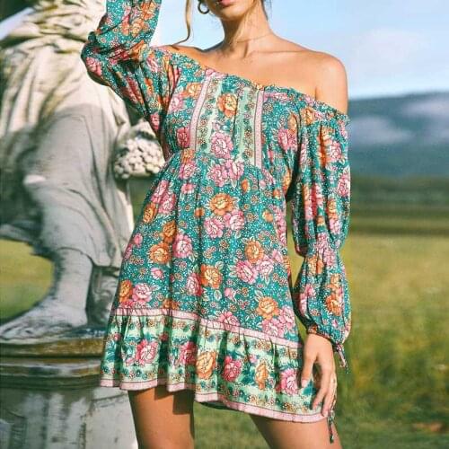 BOHO INSPIRED off the shoulder mini boho dress blet tied ruffle women dress new cotton bohemian summer chic boho beach dress