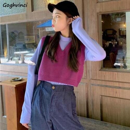 Vests Women Knitted Solid Short Sweaters V-neck Sleeveless Autumn New Elegant Students Loose Casual Sweaters Waistcoat Korean