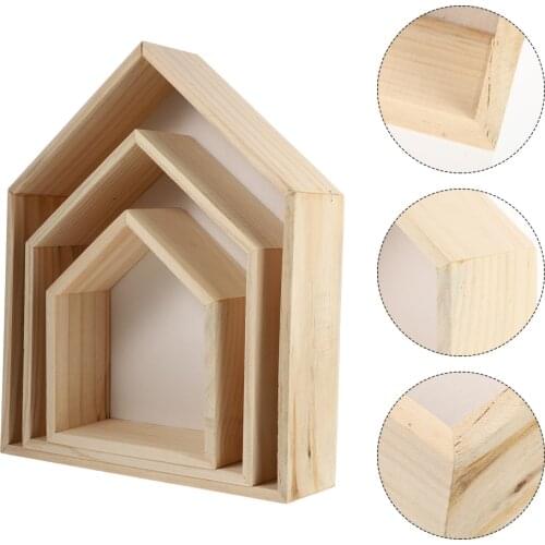 3pcs Wall Mount Household Storage Rack House Shape Wooden Display Shelf