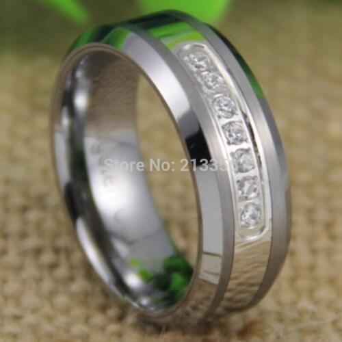 Free Shipping USA UK CANADA RUSSIA Brazil Hot Selling 8MM With 7pcs White CZ Stones Silver Bevel The Lord Tungsten Wedding Ring