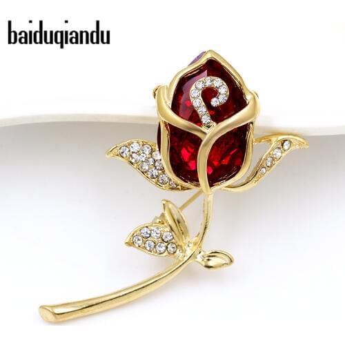 Baiduqiandu Brand High Quality Glass Crystal Red Rose Flower Brooches for Women or Wedding