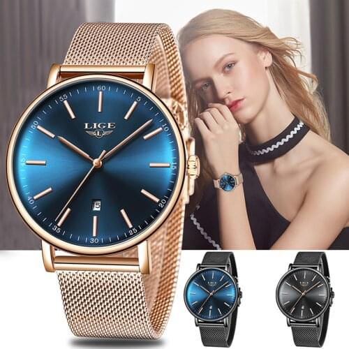 LIGE Women Watches Top Brand Luxury Ladies Mesh Belt Ultra-thin Watch Stainless Steel Waterproof Clock Quartz Watch Reloj Mujer