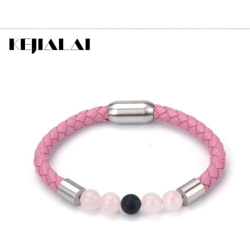 KEJIALAI 8mm Natural Pink Crystal Stone Bead Stainless Steel Charms Genuine Leather Unique Unisex Bracelet Bangle B5009