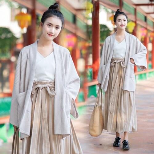 Improved daily Chinese dress womens long body loose coat Han element striped trousers wide leg skirt pants retro suit