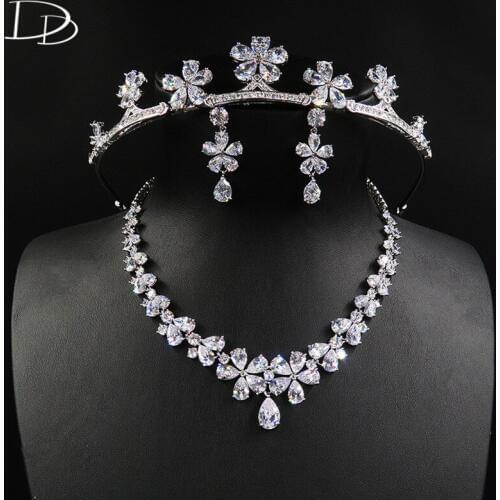 DODO Romantic Cherry Wedding Jewelry Set Shine AAA Cubic Zircon Tiara Necklace Earrings Sets Real White Gold Color Bijoux D15361