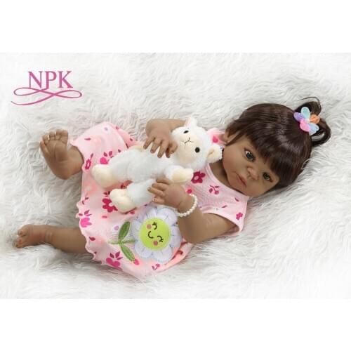 Brunette baby girl NPK 56CM bebe doll reborn baby doll African American full body silicone Bath toy dolls