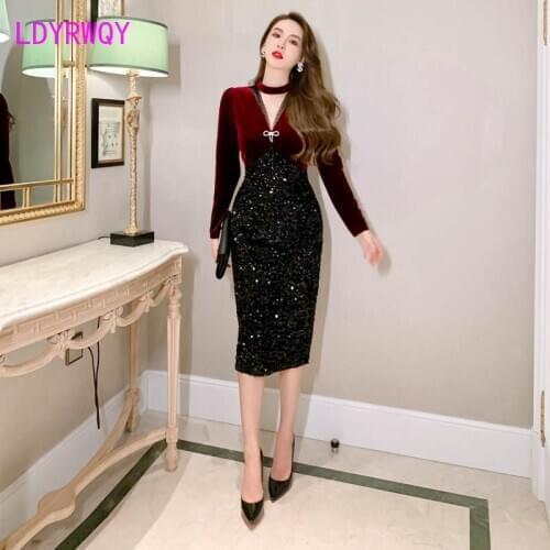 2021 spring new retro velvet patchwork slim Sequin dress Polyester Office Lady Sheath Solid