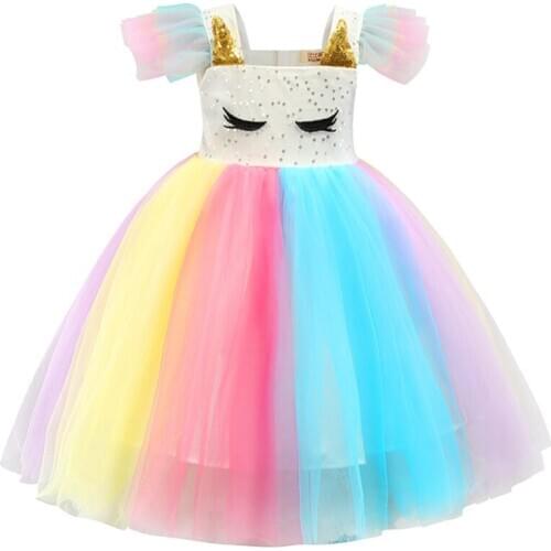 The New 2020 Children Girls Unicorn Dress Rainbow Princess Birthday Party Christmas Carnival Dress Girls Wedding Costume