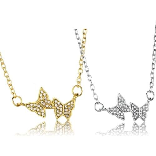 Lovely Animal Crystal Rhinestone Two Butterfly Pendant Chain Choker Necklace Women Girls Family Friends Xmas Party Jewelry Gift