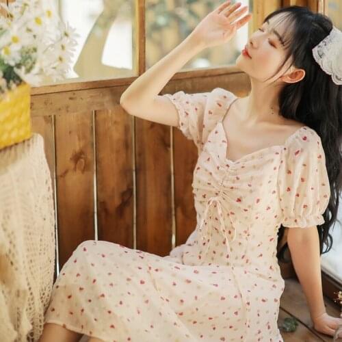 French Sweet Girl First Love Dress Women 2021 Summer Puff Sleeve Chic Drawstring V-neck Sexy Elegant Chiffon Print Fairy Dress