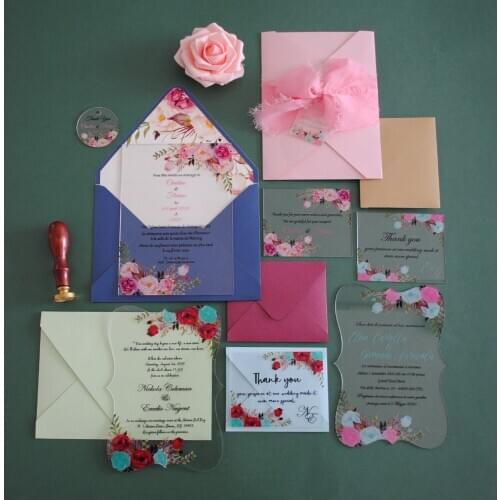 Clear acrylic wedding invitation with beautiful flower design,custom wax stamp,foil print logo envelope,small tag with ribbon