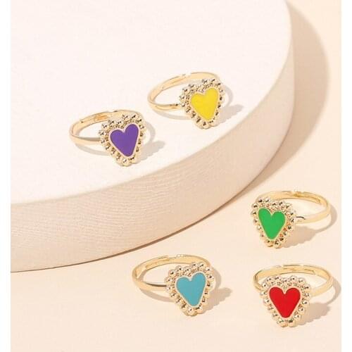 QiLuxy Korean Cute Enamel Colorful Heart Opening Rings for Women Girl Gold Adjustable Rings Fashion Jewelry Gifts