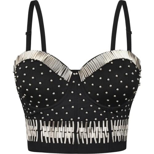 Rivet Night Club Corset Sexy Women Spaghetti Strap Elegant Golden Silver Party Bustier Top
