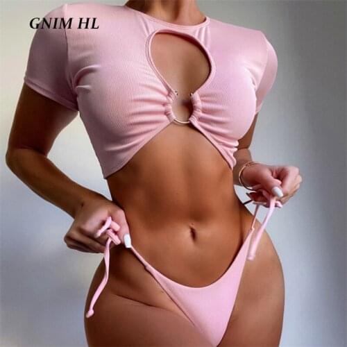 GNIM Sexy Sport Bikini Swimwear Women 2 Pieces Solid Pink Hollow Out Swimsuit Female Bandage Beachwear Short Sleeve Bathing Suit