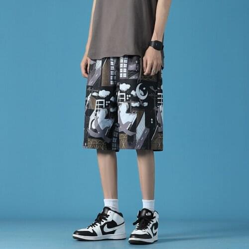 Shorts Men Cartoon Graffiti Print Bermuda Beach Knee-length Shorts Hip Hop Elastic Waist High Street Summer Sweatpants