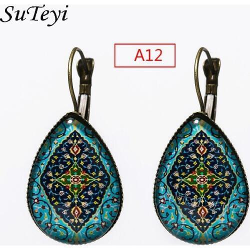 SUTEYI Glass Cabochon Water Drop Hook Earrings For Women Mandala Light Blue Background Eye type Picture Drawing Earring