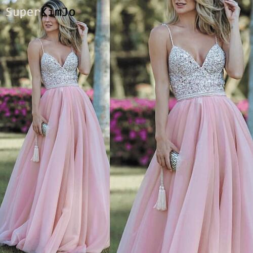 SuperKimJo Beaded Prom Dresses 2019 Crystal Pink Tulle Sexy Prom Gown Vestidos De Fiesta De Noche Largos Elegantee
