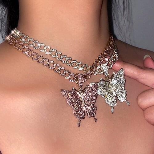 Iced Out Bling Red Rhinestones Paved Butterfly Chunky Metal Cuban Chain For Women Crystal Big Pendant Cuban Link Choker Necklace